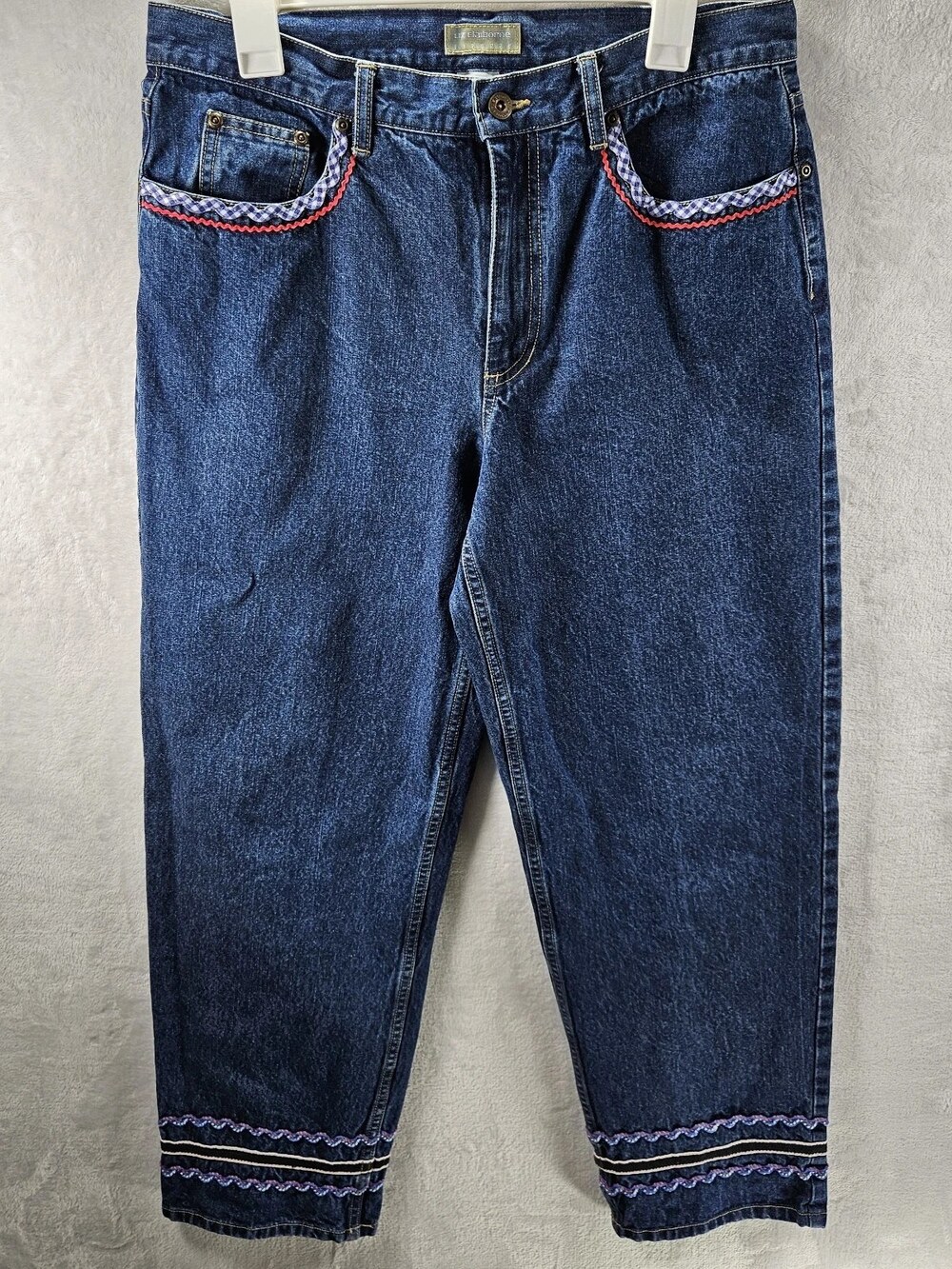 Liz Claiborne Jeans Gingham Trim Medium Wash Womens Sz 14 Boho Hippie Festival